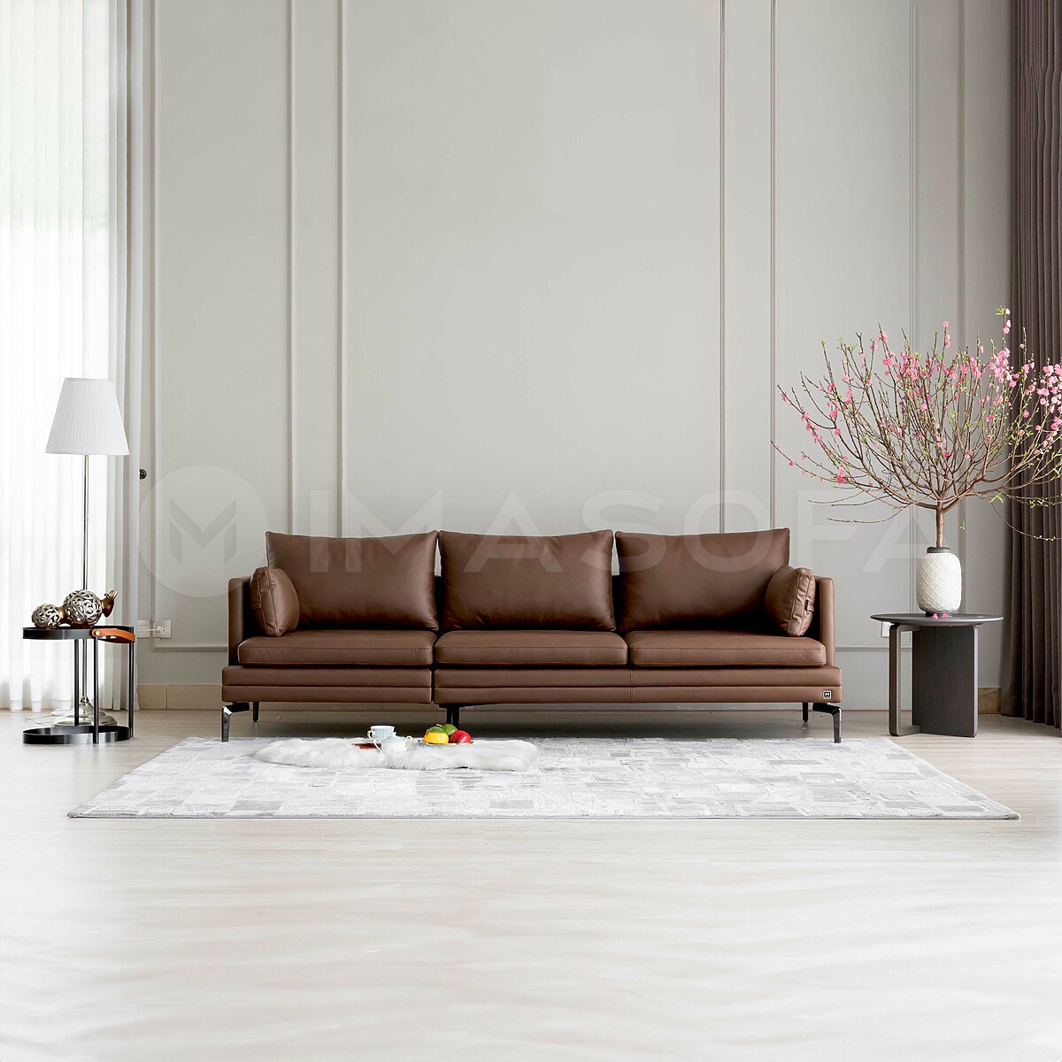 Sofa băng Bella da bò nhân tạo màu nâu