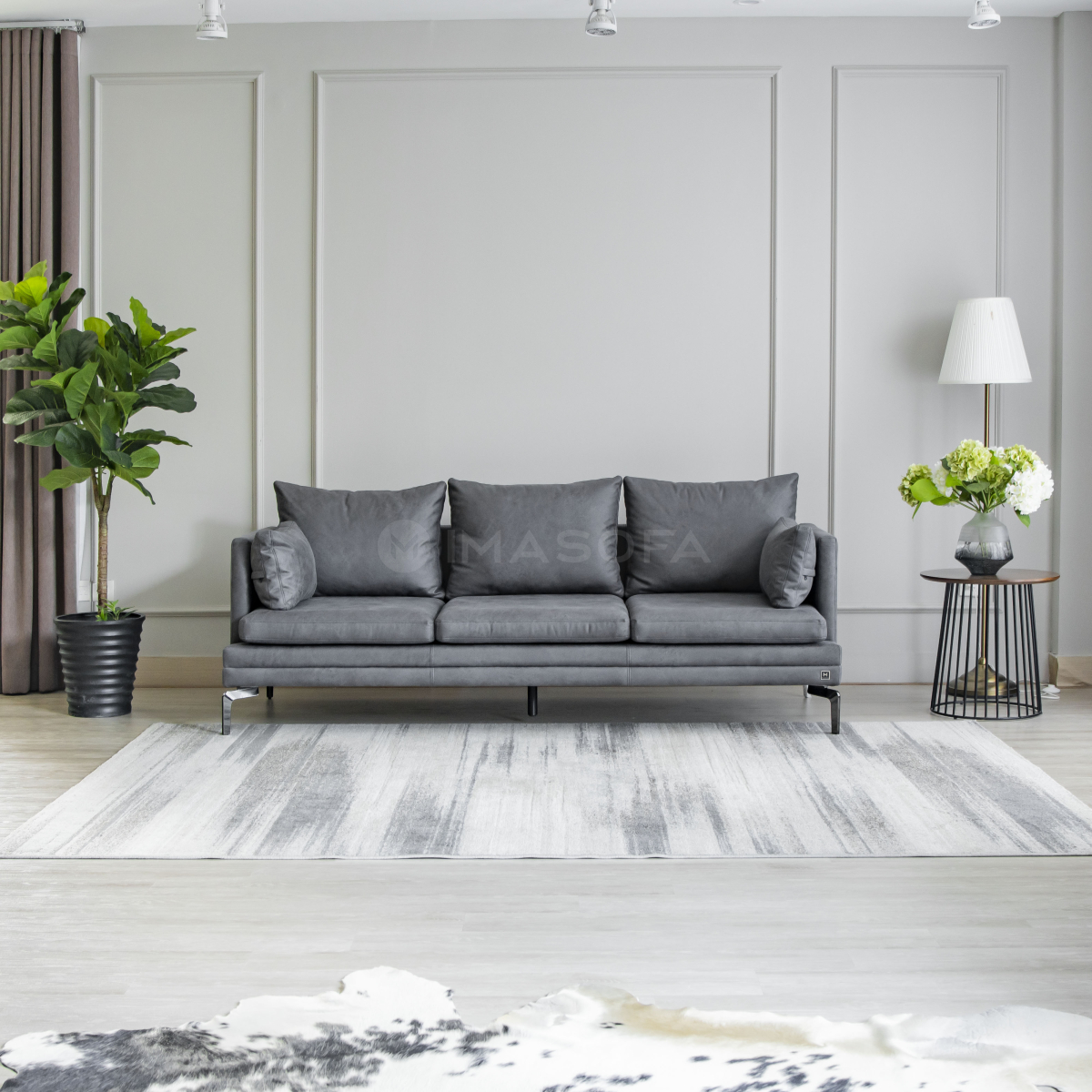 Sofa băng Bella da bò nhân tạo màu xám đậm