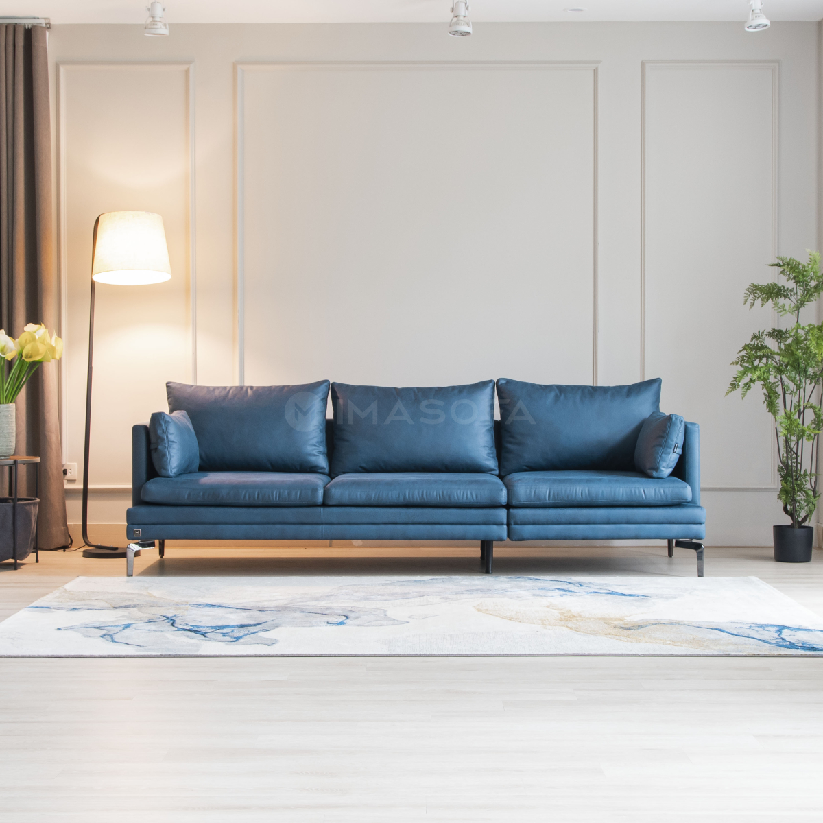 Sofa băng Bella da bò nhân tạo màu xanh dương