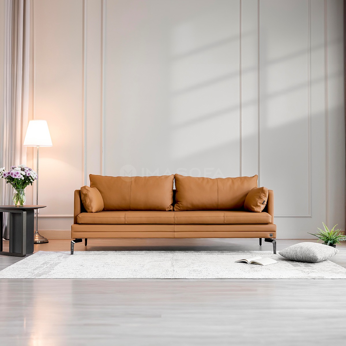 Sofa băng Bella da bò tự nhiên màu da bò