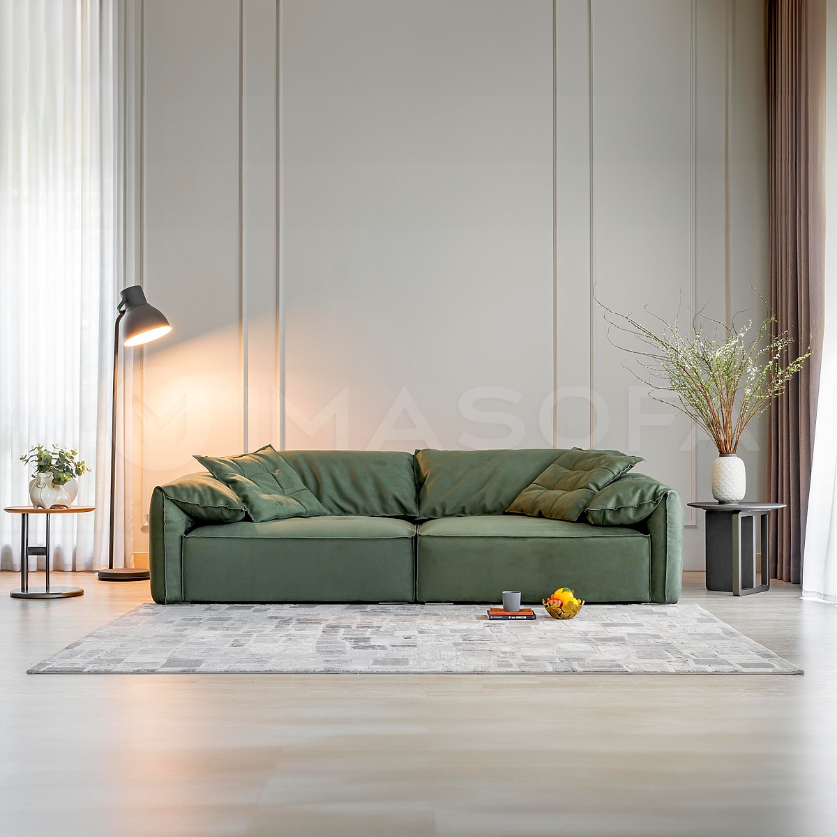 Sofa băng Casablanca vải da lộn màu xanh lá