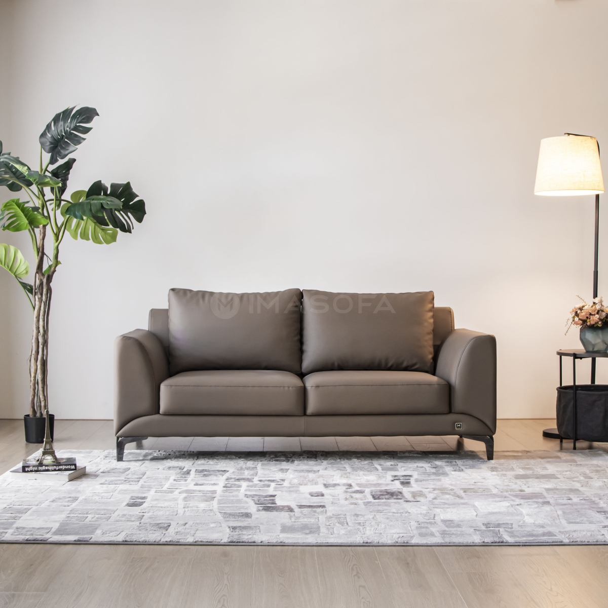 Sofa băng Famigo da bò nhân tạo màu xám đậm