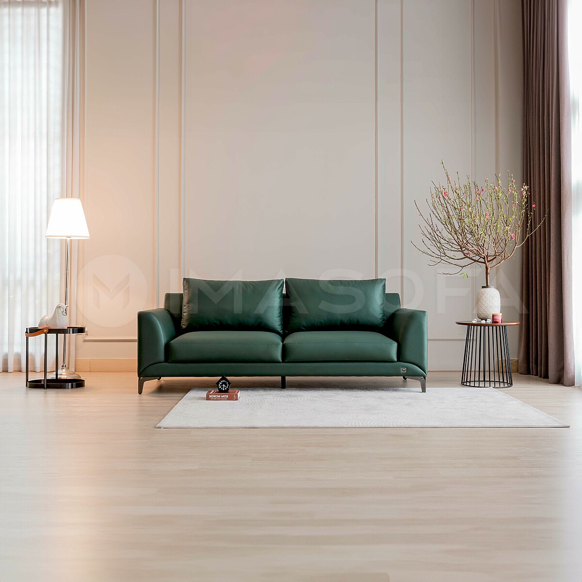 Sofa băng Famigo da bò nhân tạo màu xanh lá