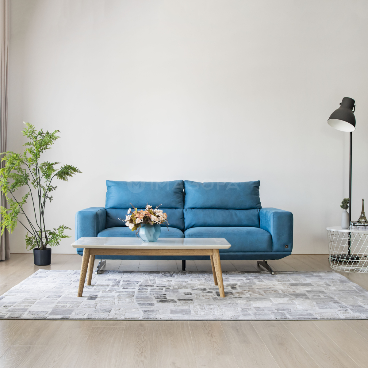 Sofa băng Floren da bò nhân tạo màu xanh dương