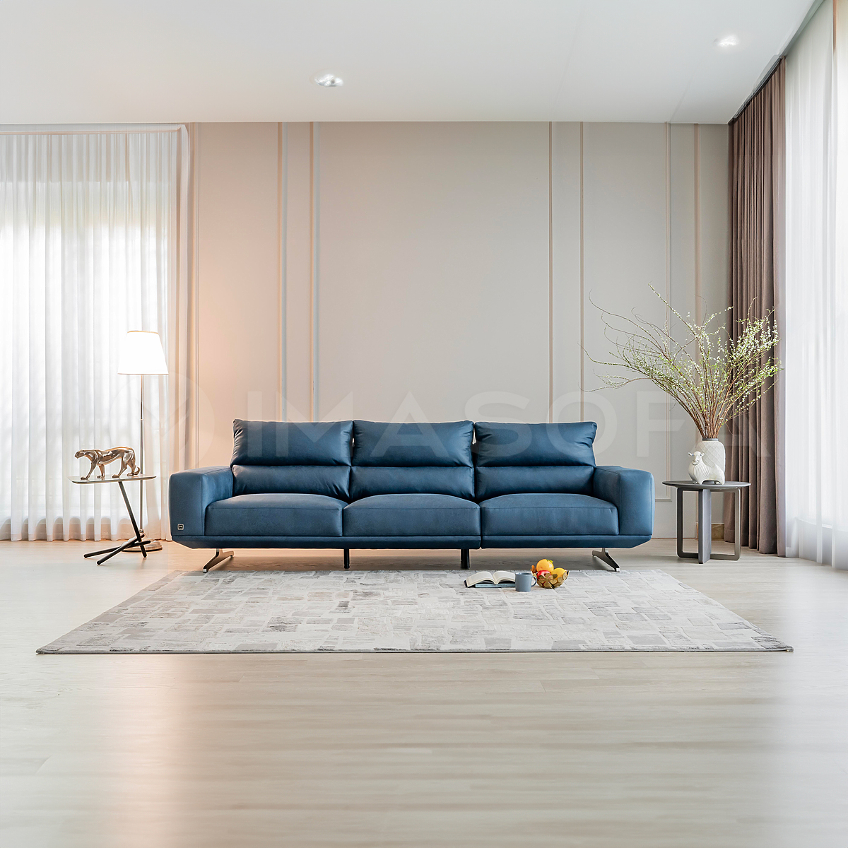 Sofa băng Floren da bò nhân tạo màu xanh dương