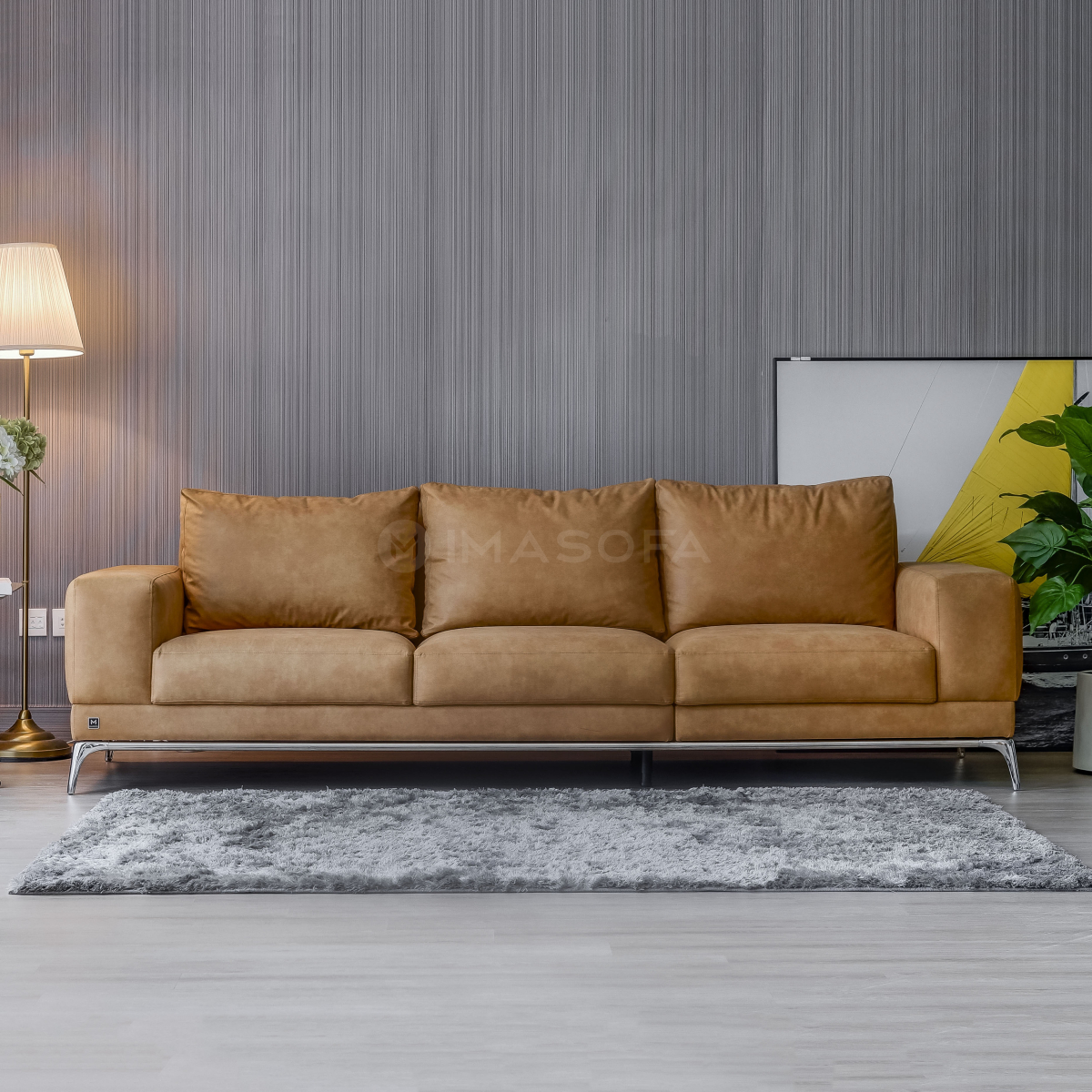 Sofa băng Jamil da bò nhân tạo màu da bò