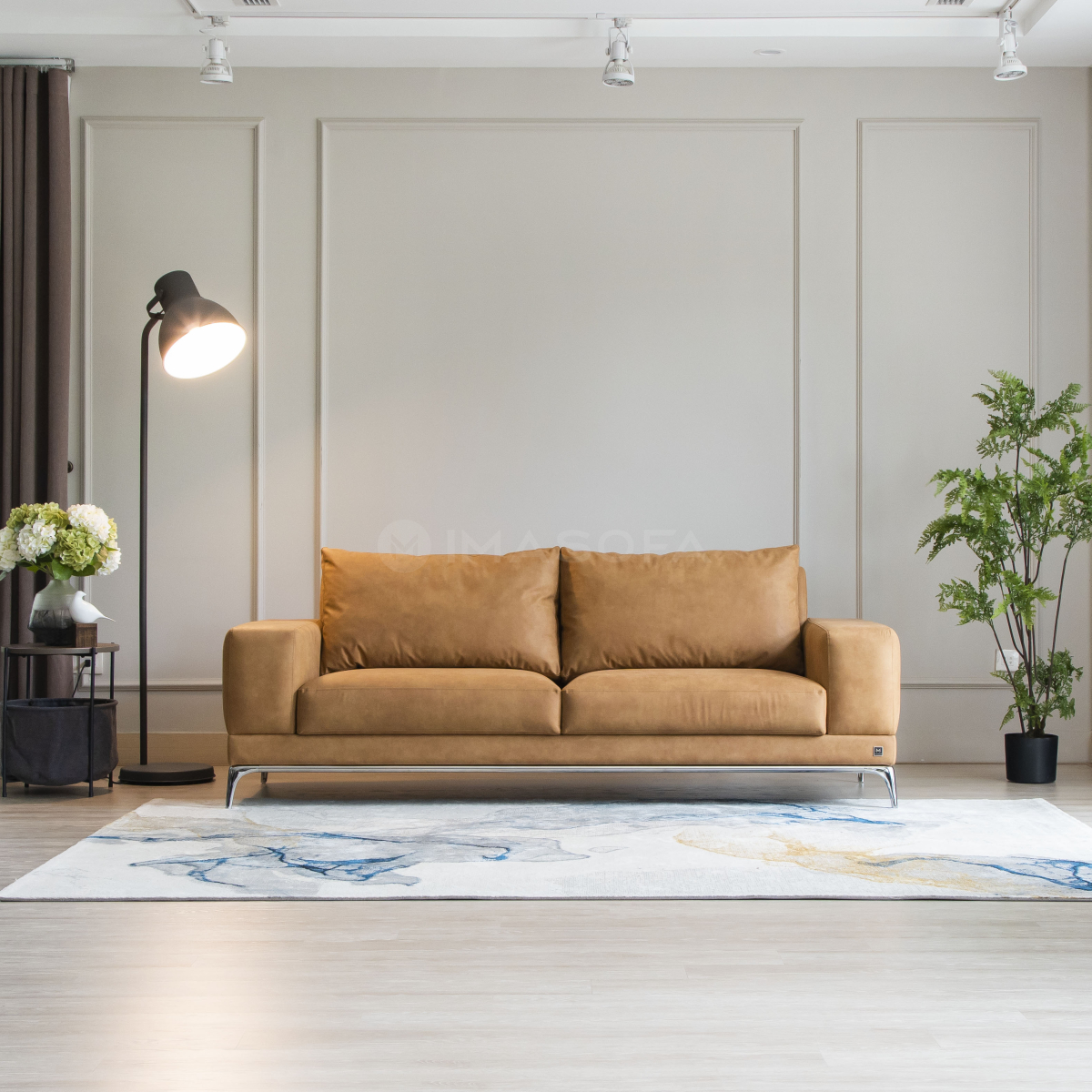 Sofa băng Jamil da bò nhân tạo màu da bò