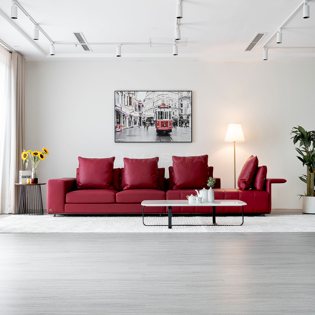 Sofa băng Libero da bò nhân tạo màu đỏ