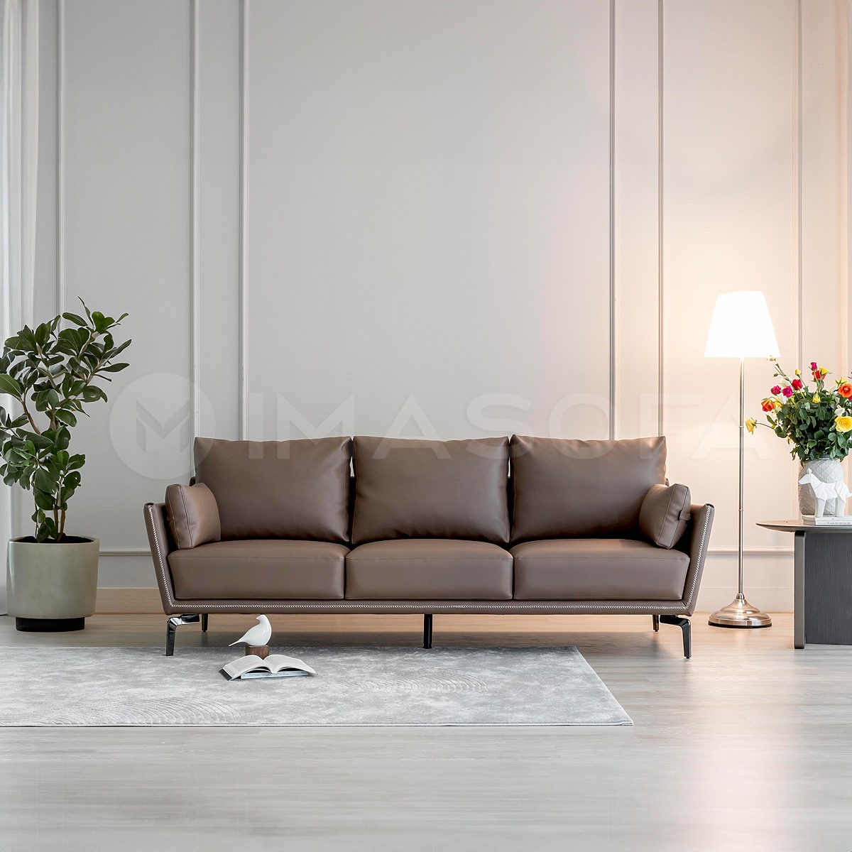 Sofa băng Napoli da bò nhân tạo màu nâu