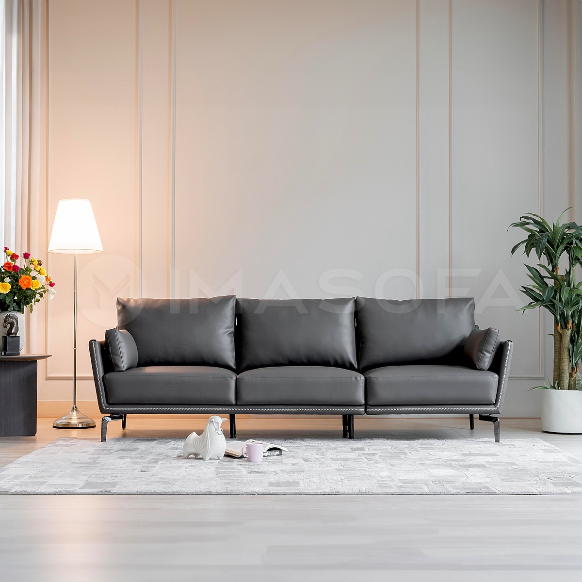 Sofa băng Napoli da bò nhân tạo màu xám đậm