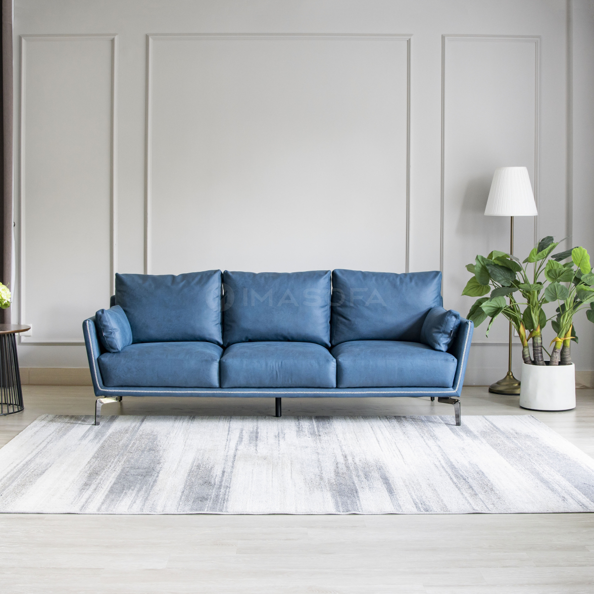 Sofa băng Napoli da bò nhân tạo màu xanh dương