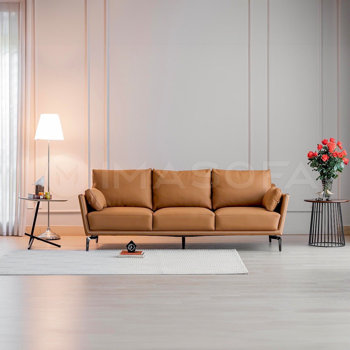 Sofa băng Napoli da bò tự nhiên màu da bò