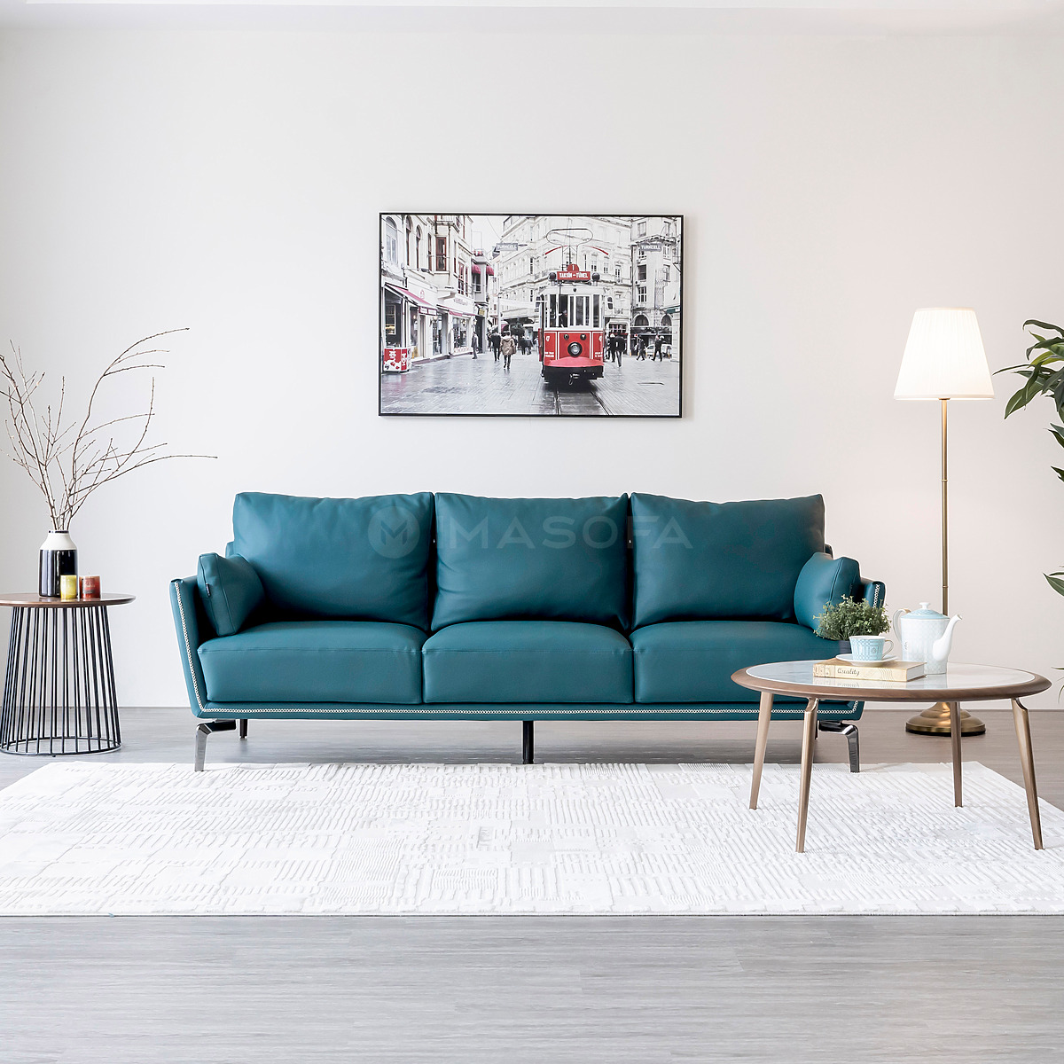 Sofa băng Napoli da bò tự nhiên màu xanh