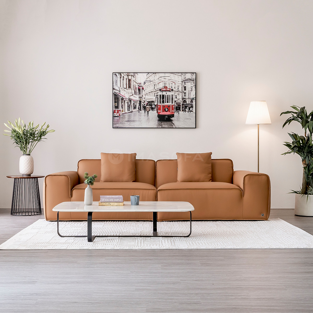 Sofa băng Rome da bò tự nhiên màu da bò