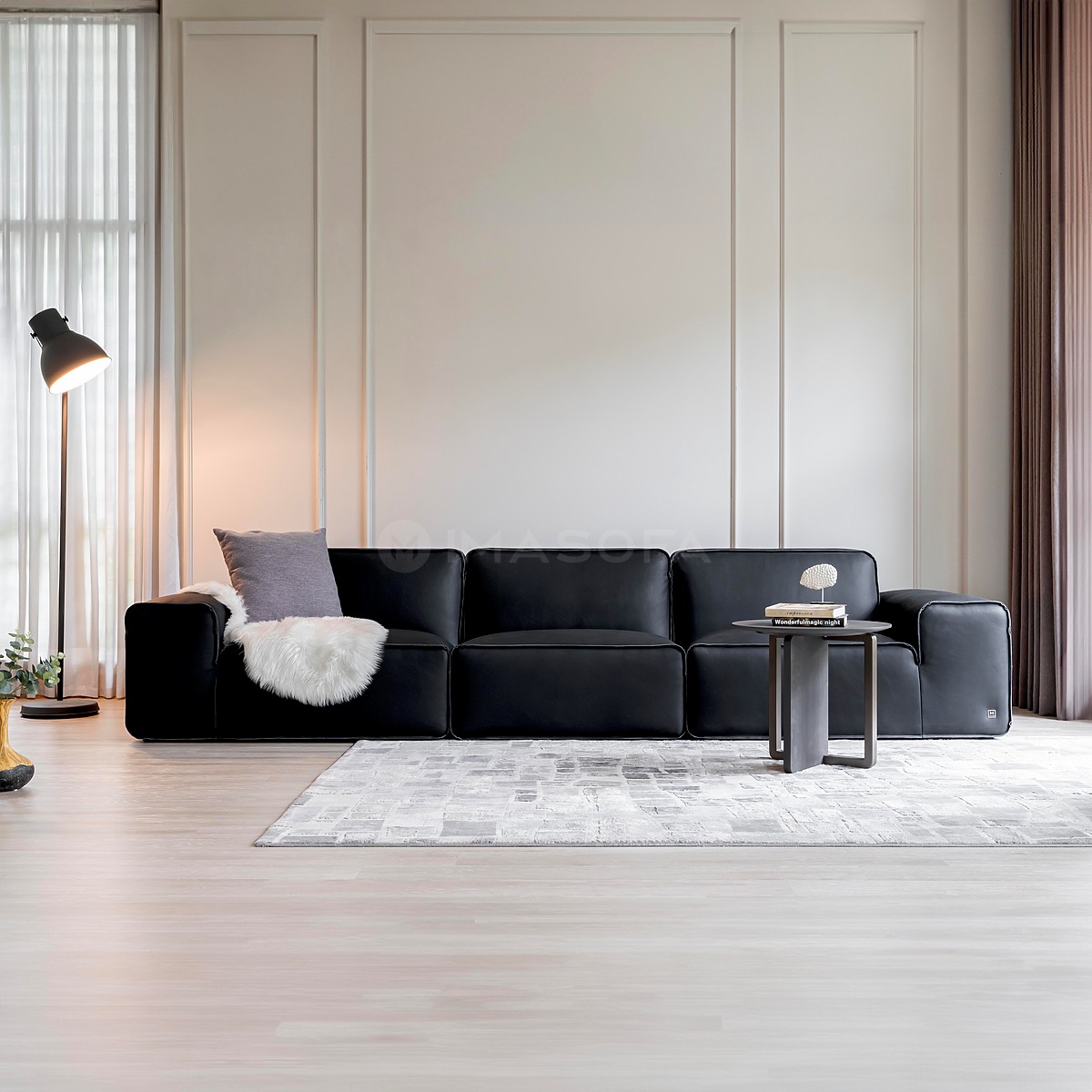Sofa băng Rome da bò tự nhiên màu đen