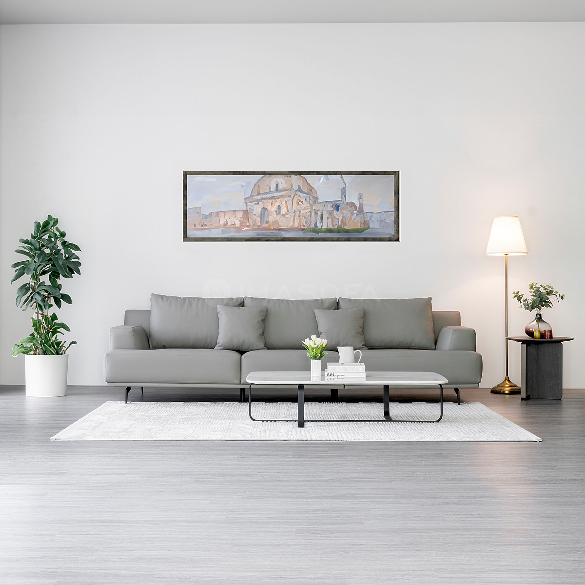 Sofa băng Trio da bò nhân tạo màu xám nhạt