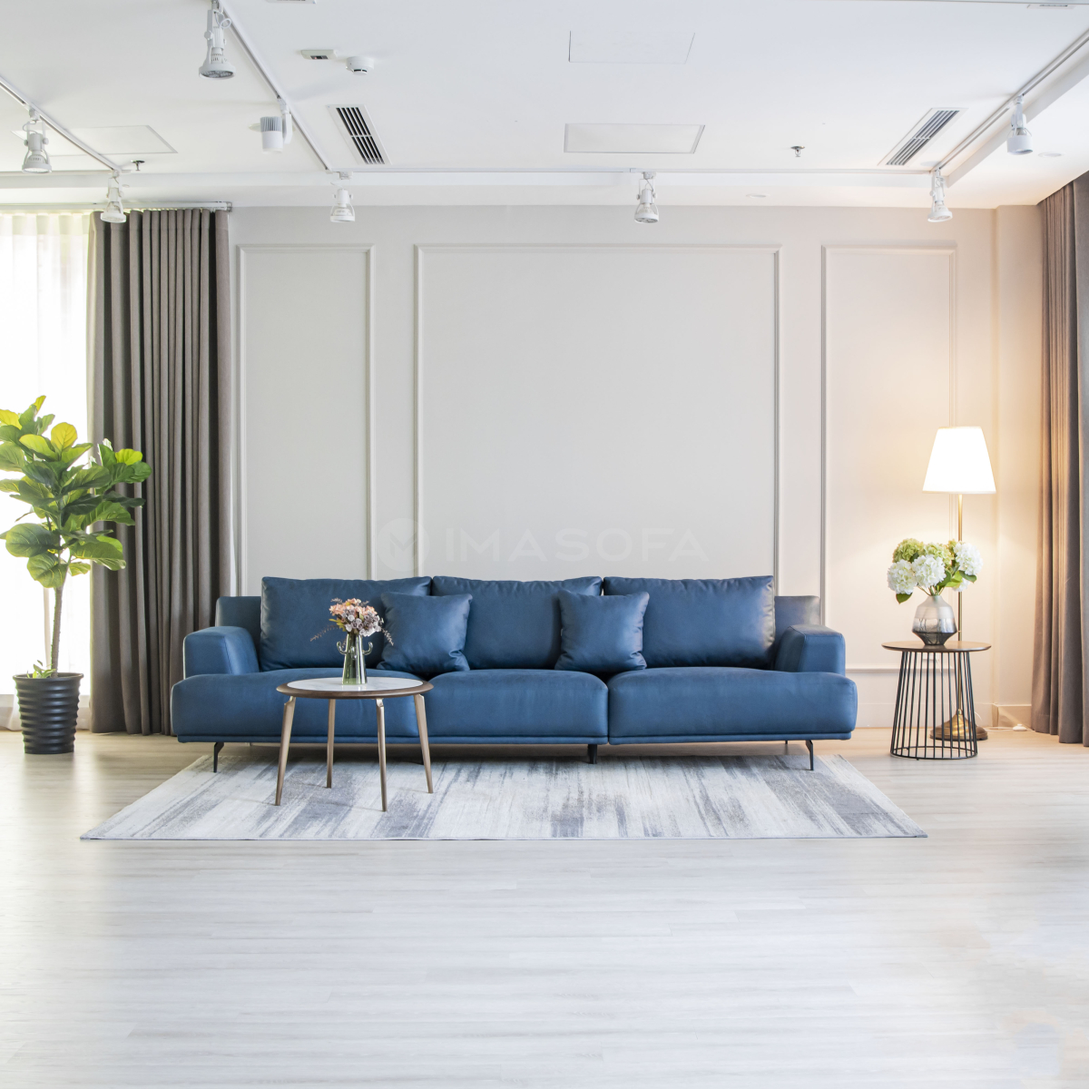 Sofa băng Trio da bò nhân tạo màu xanh dương