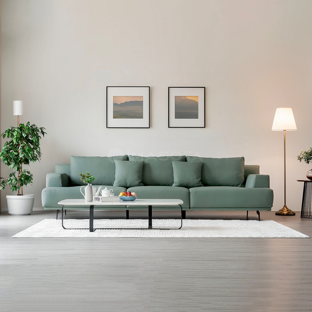Sofa băng Trio da bò tự nhiên màu xanh lá