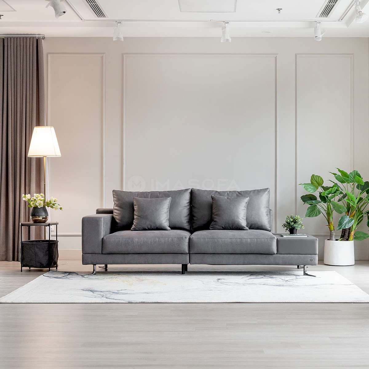 Sofa băng White da bò nhân tạo màu xám đậm