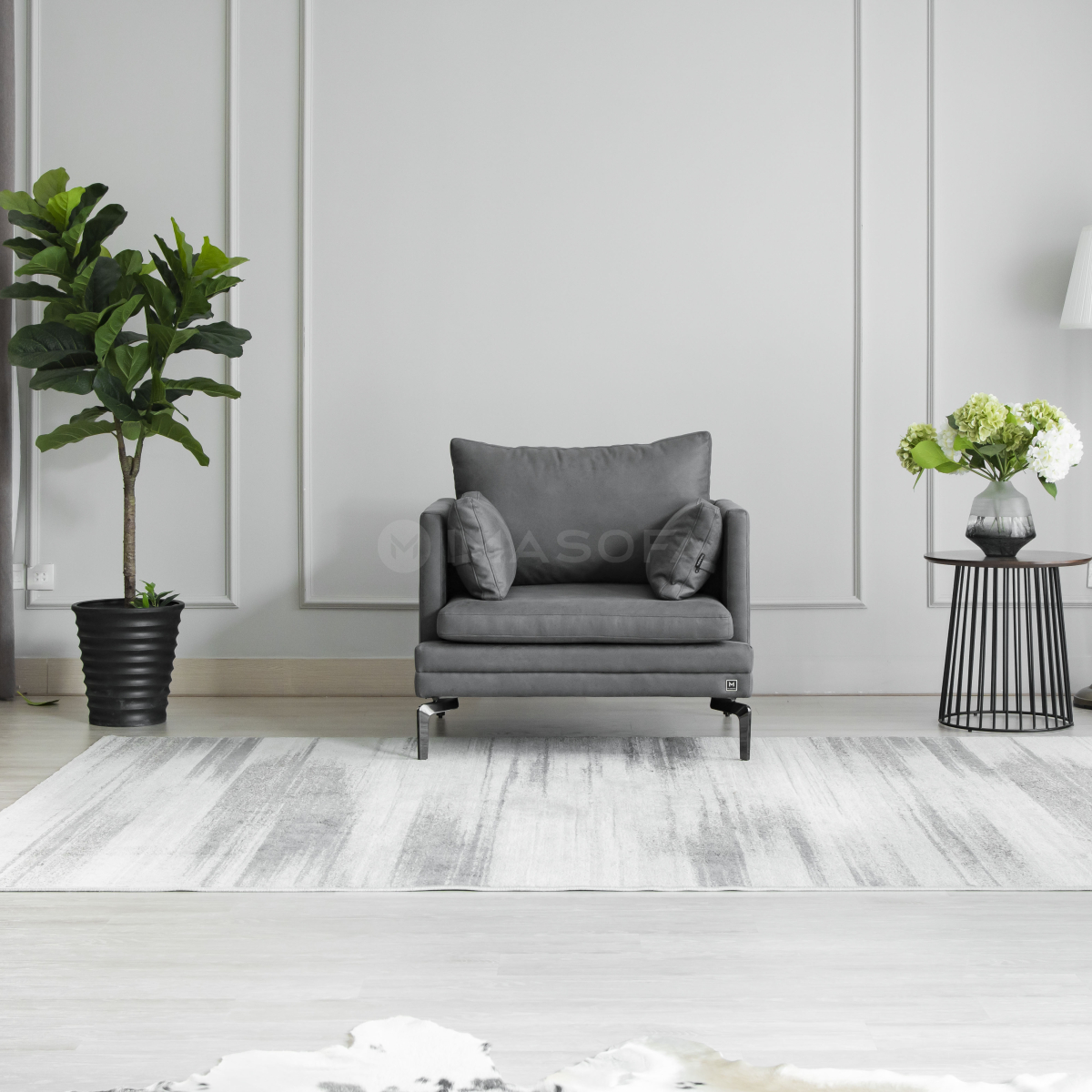 Sofa đơn Bella da bò nhân tạo màu xám đậm