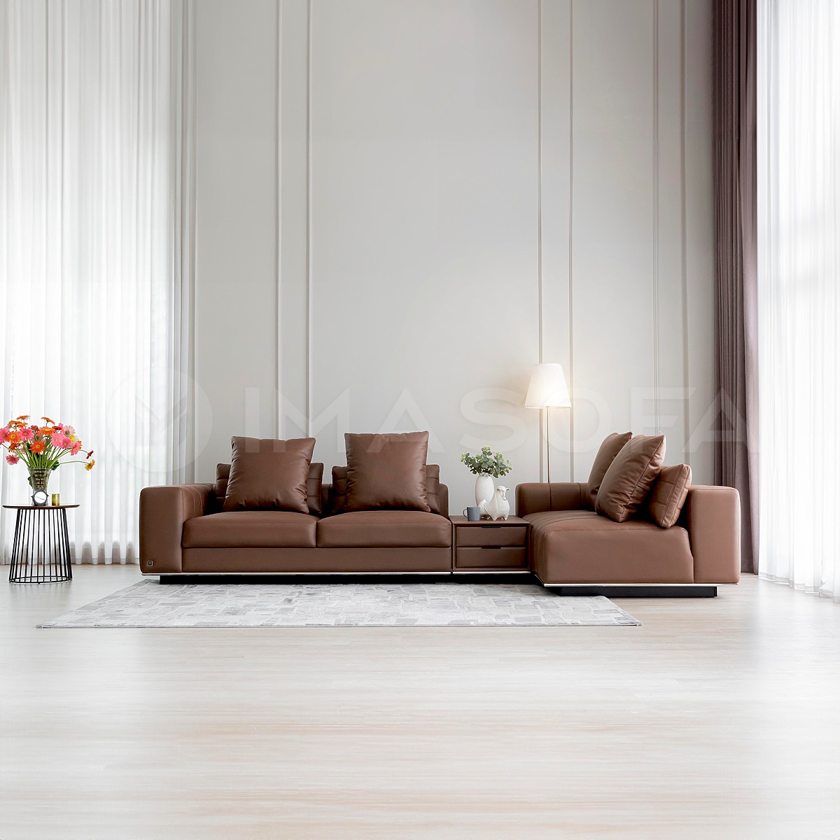 Sofa góc L Libero da bò nhân tạo màu nâu