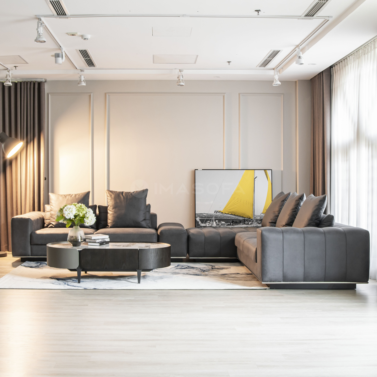 Sofa góc L Libero da bò nhân tạo màu xám đậm