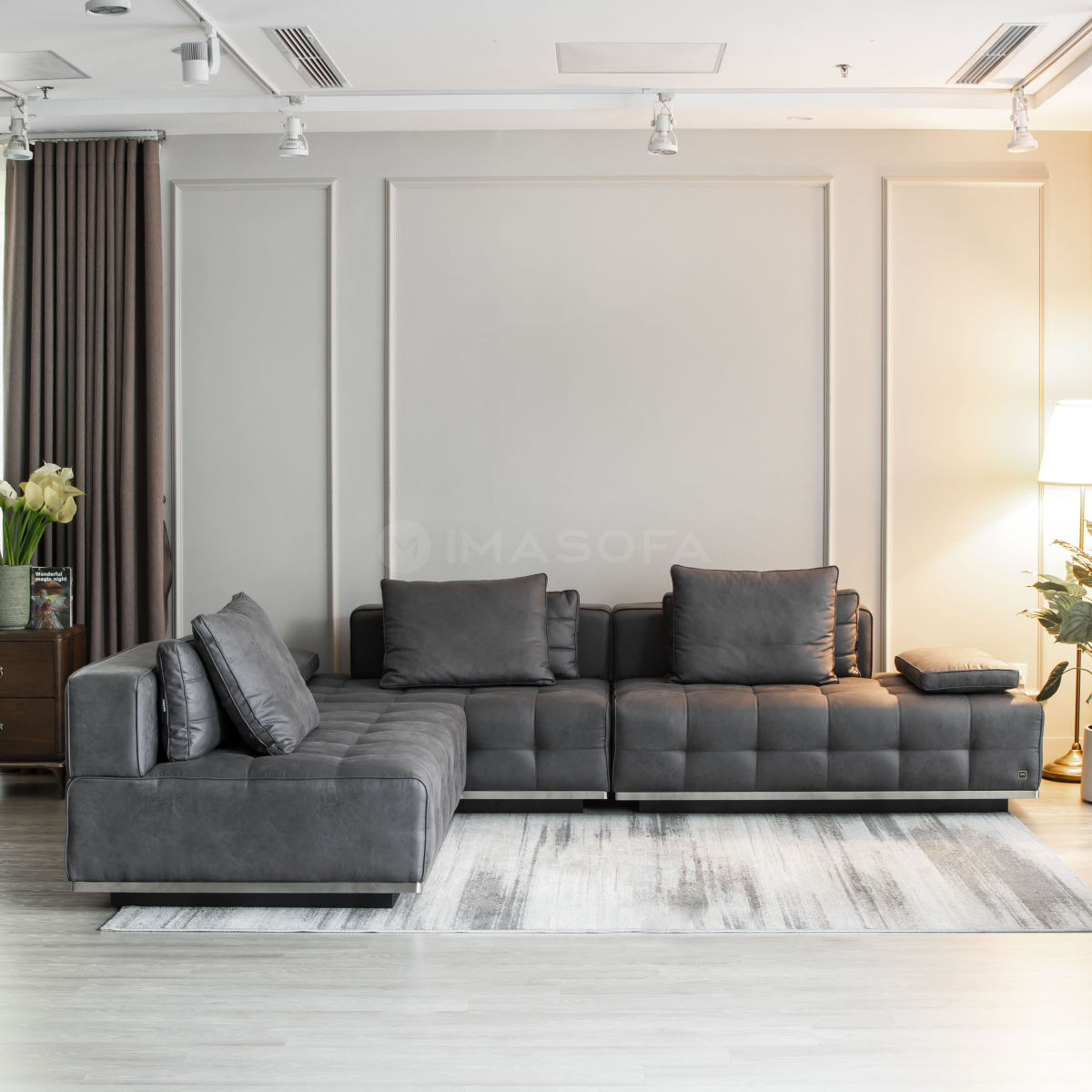 Sofa góc L Lumio da bò nhân tạo màu xám đậm