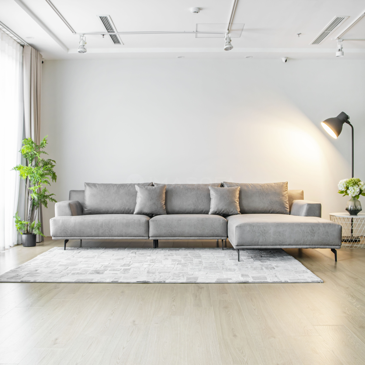 Sofa góc L Trio da bò nhân tạo màu xám nhạt