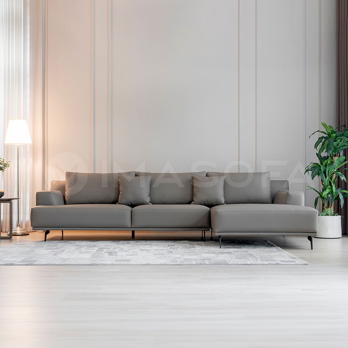 Sofa góc L Trio da bò nhân tạo màu xám nhạt