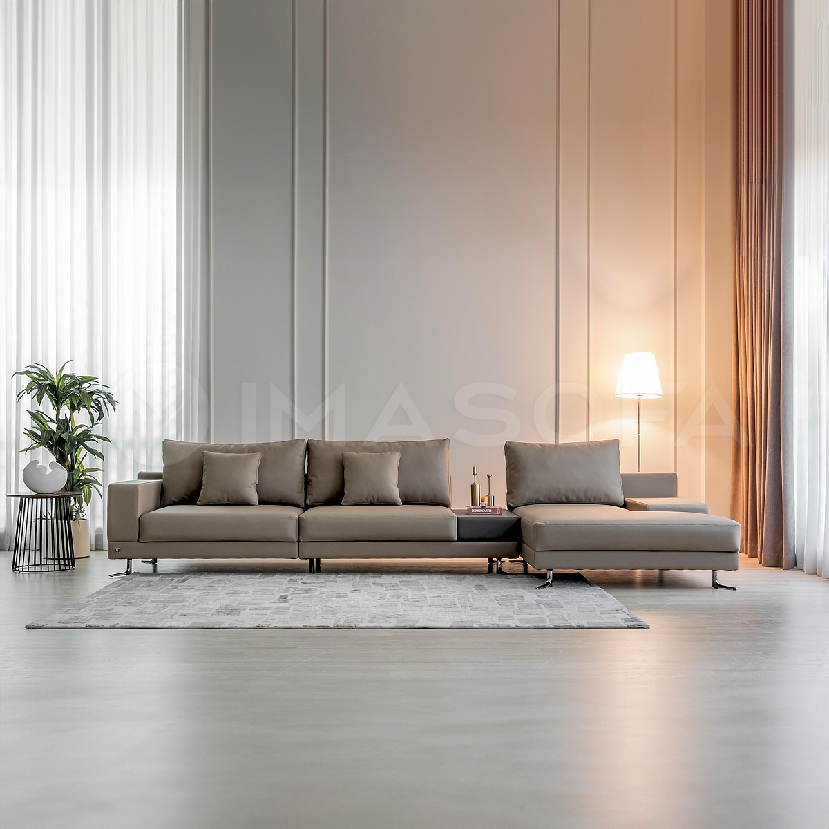 Sofa góc L White da bò nhân tạo màu nâu