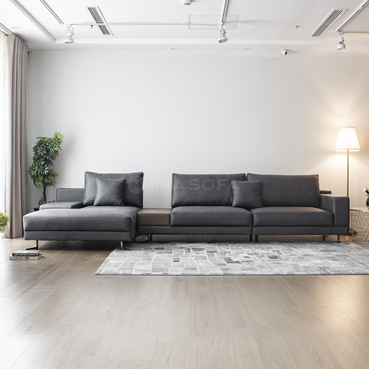 Sofa góc L White da bò nhân tạo màu xám đậm