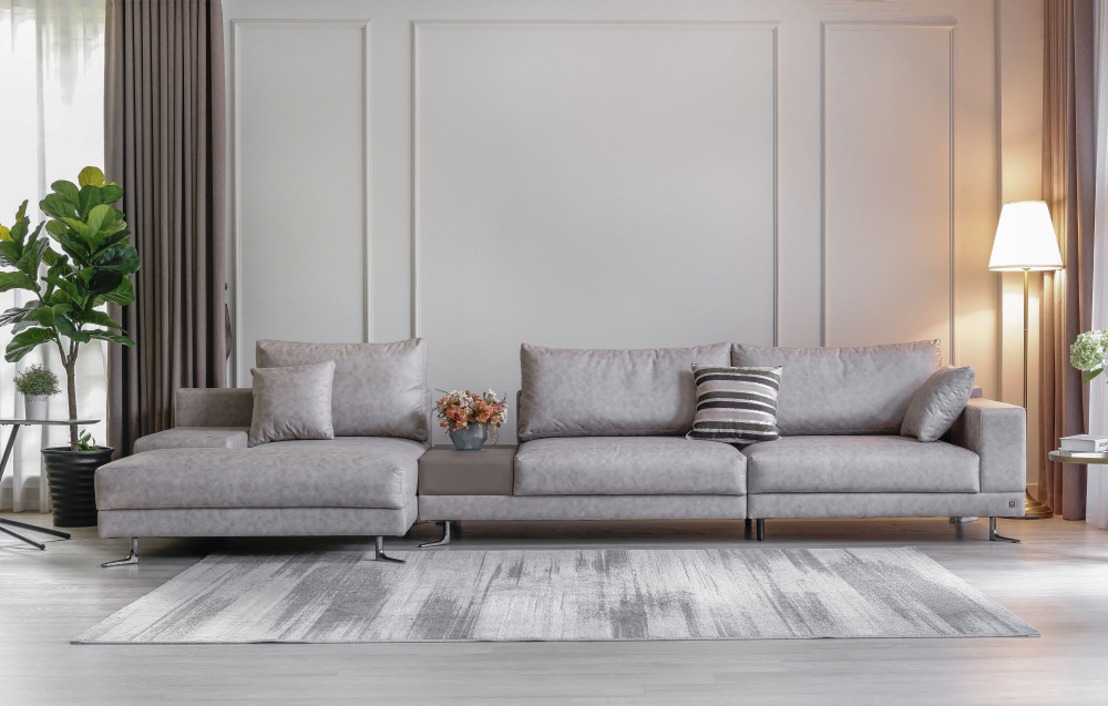 Sofa góc L White da bò nhân tạo màu xám nhạt