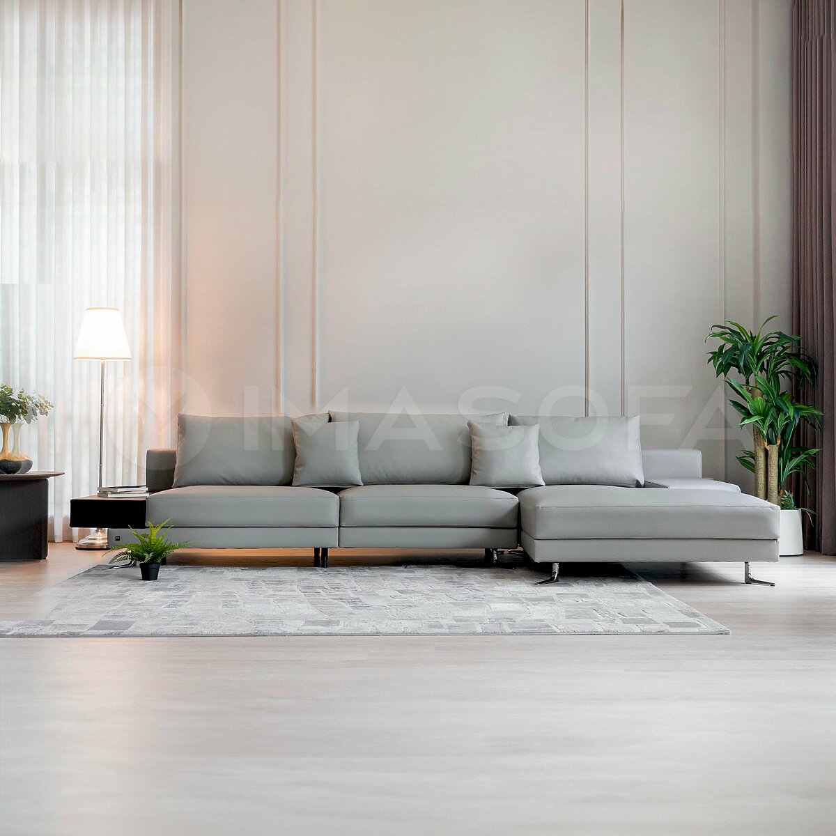 Sofa góc L White da bò nhân tạo màu xám nhạt